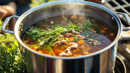 A close-up of a bubbling pot of broth and sizzling meats on a mookata grill, with fresh herbs and spices adding color and flavor, emphasizing the cooking processの素材
