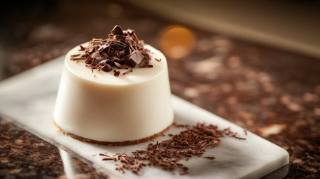 A classic vanilla cake topped with a glossy chocolate ganache, displayed on a marble slab with a few scattered chocolate shavings for decorationの素材