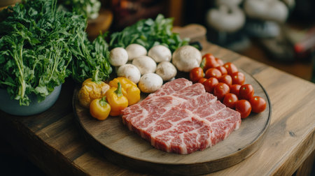 A close-up of a delicious shabu platter featuring vibrant vegetables, mushrooms, and marbled beef, artistically arranged on a round wooden board ready for cookingの素材