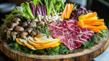 A close-up of a delicious shabu platter featuring vibrant vegetables, mushrooms, and marbled beef, artistically arranged on a round wooden board ready for cookingの素材