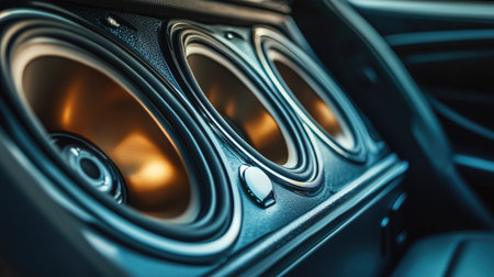 A close-up of a high-performance subwoofer in a car trunk, emphasizing its robust design and the potential for deep, powerful bassの素材