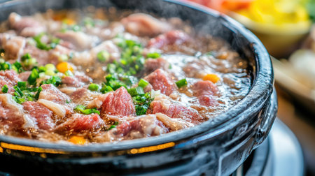 A close-up of a bubbling pot of broth and sizzling meats on a mookata grill, with fresh herbs and spices adding color and flavor, emphasizing the cooking processの素材