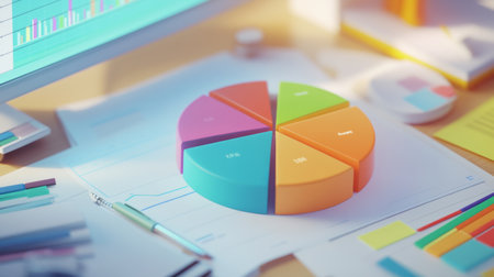 A vibrant pie chart sits on a desk surrounded by business documents and office tools, illustrating data analysis and strategic planning in a modern workspace.の素材