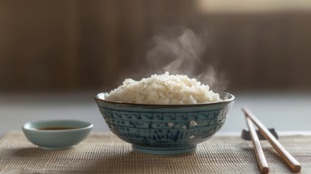 A steaming bowl of rice sits invitingly, accompanied by a small dish of soy sauce and chopsticks, creating a warm and cozy dining atmosphere.の素材