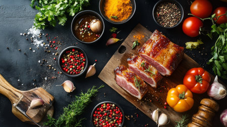 A vibrant arrangement of fresh ingredients including meat, spices, and herbs on a wooden cutting board. Ideal for culinary inspiration, food styling, and recipe development.の素材