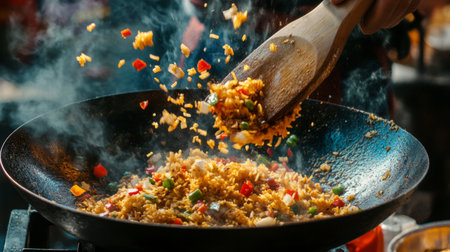 A chef skillfully cooks vibrant stir-fried rice in a wok, tossing colorful vegetables into the air. The steam creates a tantalizing aroma, capturing the essence of dynamic cooking.の素材