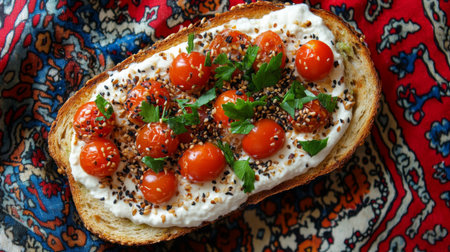 A delightful open-faced toast topped with fresh tomatoes, creamy cheese, and vibrant herbs, set against a colorful textile background perfect for food lovers.の素材
