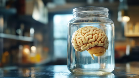 A striking image of a human brain submerged in a glass jar filled with clear water, set on a table with a softly blurred background, evoking thoughts on science and preservation.の素材