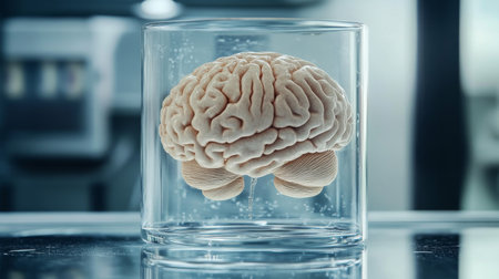 A realistic human brain model is displayed in a glass container, set against a scientific background. This image represents research and neuroscience concepts.の素材