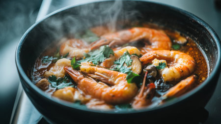 A close-up view of fresh shrimp cooking in a spicy broth, surrounded by herbs, in a modern kitchen. The aromatic steam rising adds to the sensory experience of the meal.の素材