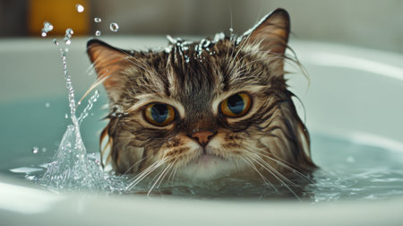 A charming Persian cat enjoys a playful bath, surrounded by splashes of water. Its expressive eyes capture the joy of this delightful and amusing moment.の素材