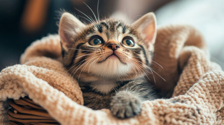 This charming tabby kitten gazes upwards from its cozy woven basket, captivating hearts with its innocent expression and playful spirit.の素材
