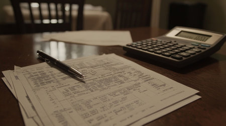 A close-up of financial documents and reports on a polished wooden desk, with a calculator and a pen, capturing the essence of meticulous financial planningの素材