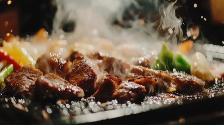 A close-up of a traditional mookata grill sizzling with a variety of meats and vegetables, with drops of condensation and smoke adding to the appetizing atmosphereの素材