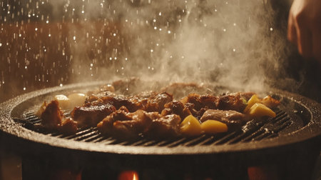 A close-up of a traditional mookata grill sizzling with a variety of meats and vegetables, with drops of condensation and smoke adding to the appetizing atmosphereの素材