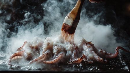 A close-up of grilled squid being brushed with a tangy marinade, highlighting the glistening surface and smoky aroma, set against a dark, textured backgroundの素材