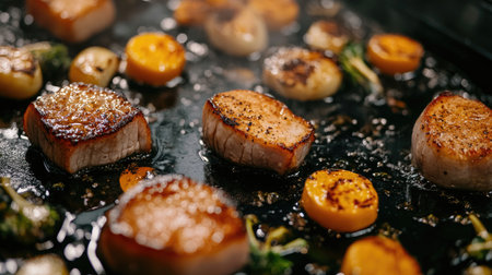 A close-up of perfectly grilled pork belly and vegetables sizzling on a mookata pan, capturing the golden-brown color and juicy texture of the cooked ingredientsの素材