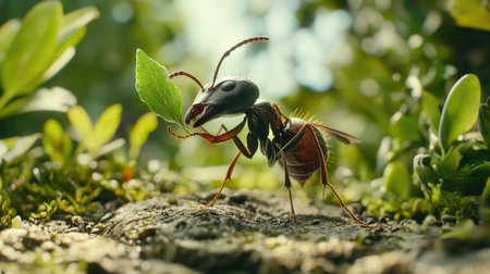 A close-up of a worker ant carrying a small leaf, showcasing its strength and determination as it navigates through a vibrant green gardenの素材