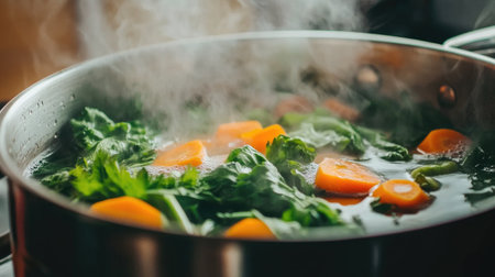 A close-up of shabu cooking in a pot, with delicate slices of meat and vibrant vegetables floating in the aromatic broth, showcasing the cooking processの素材