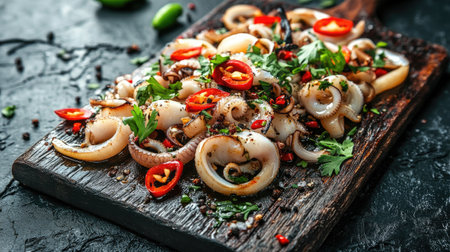 A colorful display of grilled squid garnished with fresh herbs and sliced chilies, set on a rustic board, inviting viewers to experience the deliciousness of seafoodの素材