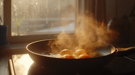A close-up of a hot frying pan with eggs sizzling, oil glistening on the surface, and the sun shining through a nearby window, creating a warm morning ambianceの素材