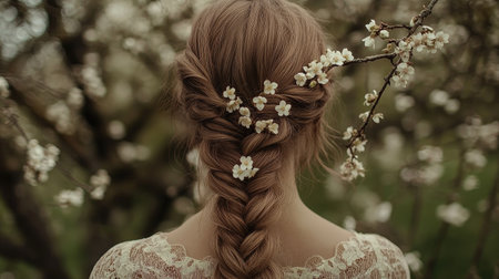 A beautifully braided hairstyle adorned with small flowers, elegantly styled against a natural background, creating a serene and bohemian lookの素材