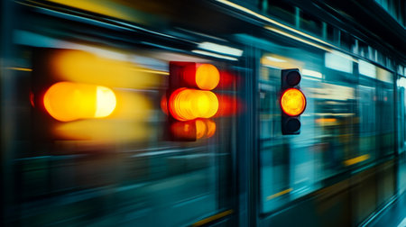 Dynamic image portraying motion blur of amber traffic lights in an urban setting, showcasing the energy and speed of city life and transportation.の素材
