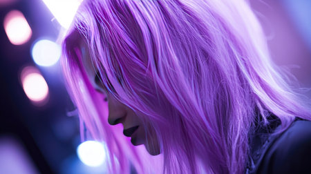 A close-up of a woman hair being styled, highlighting a unique hair color and texture, surrounded by a professional salon setting, showcasing hair artistryの素材