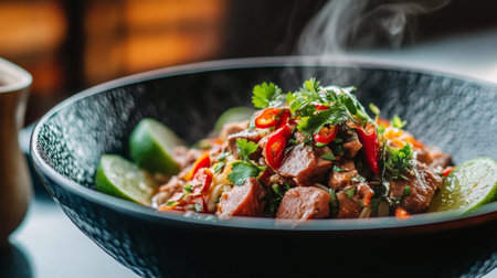 A steaming hot bowl of fresh Thai cuisine showcasing vibrant herbs, spices, and chili, perfect for a flavorful and aromatic dining experience.の素材