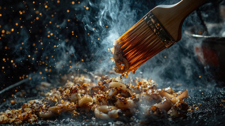 A close-up of grilled squid being brushed with a tangy marinade, highlighting the glistening surface and smoky aroma, set against a dark, textured backgroundの素材
