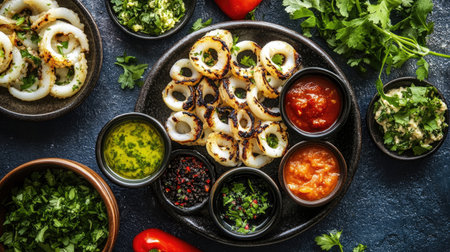 A creative flat lay of grilled squid with various dipping sauces, fresh herbs, and sliced vegetables, showcasing a vibrant and appetizing culinary spreadの素材