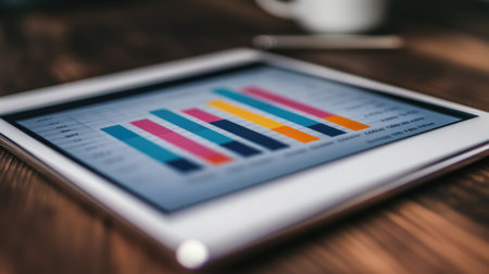 A detailed shot of a financial graph on a digital tablet, with upward trends highlighted in vibrant colors, symbolizing growth and success in business investmentsの素材