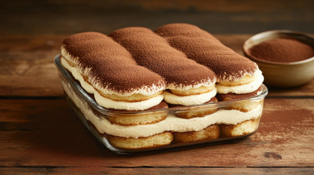 A decadent tiramisu layered with coffee-soaked ladyfingers and creamy mascarpone, dusted with cocoa powder, displayed in a glass dessert dishの素材