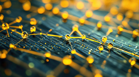 A detailed view of solar cells interconnected on a panel, with droplets of dew glistening in the morning sun, emphasizing innovation in clean energy technologyの素材