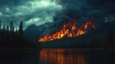 A dark scene of a forest fire raging in the background, with glowing embers and smoke billowing into the night sky, emphasizing the ferocity of nature's wrathの素材