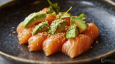 A decorative dish of marinated salmon served with avocado slices and a sprinkle of sesame seeds, showcasing a fresh and healthy culinary creationの素材