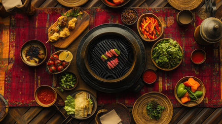 A cozy setup for a mookata dinner with a grill in the center, surrounded by an assortment of fresh ingredients and sauces, inviting guests to enjoy a delicious meal togetherの素材