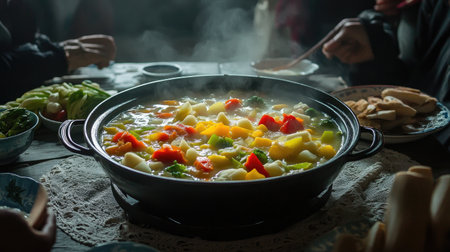 A dramatic shot of a hot pot filled with bubbling broth and vibrant vegetables, set on a table ready for a communal meal, emphasizing warmth and togethernessの素材