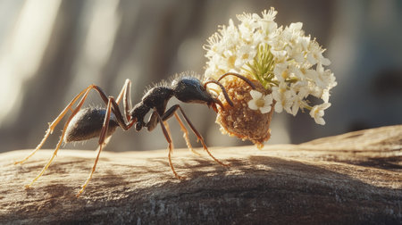 A detailed macro shot of an ant carrying food to its colony, illustrating the foraging behavior and industrious nature of these small creaturesの素材