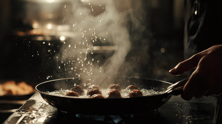 A dynamic shot of a chef frying meatballs in a pan, with the golden crust and bubbling oil emphasizing the crispy goodness of the dish in actionの素材