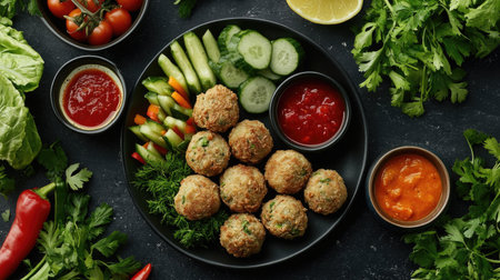 A festive arrangement of fried meatballs on skewers, perfect for a party platter, displayed with vibrant dipping sauces and fresh vegetables around themの素材