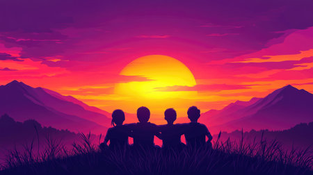 A family silhouette sitting together on a grassy hilltop, watching a vibrant sunset with arms around each other, creating a sense of togethernessの素材
