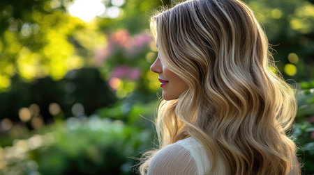 A luxurious long hairstyle with soft beachy waves, styled in natural light, creating a relaxed and effortless vibe perfect for any occasionの素材