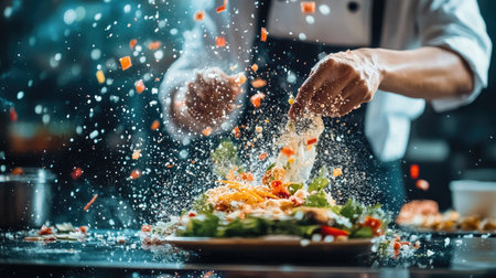 A dynamic image of a chef expertly preparing som tam in a traditional kitchen, with colorful ingredients flying as they mix, capturing the energy of Thai cuisineの素材