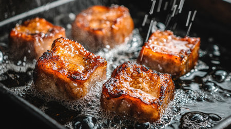 A detailed shot of pork belly being fried in hot oil, with bubbles rising, showcasing the cooking process and highlighting its crispy textureの素材