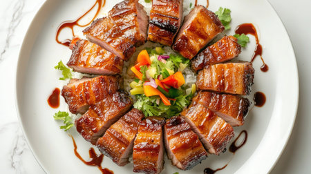 A creative presentation of pork belly arranged in a circular pattern on a plate, with drizzles of fish sauce and garnished with colorful vegetablesの素材