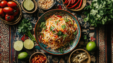 A festive arrangement of som tam served on a colorful tablecloth, surrounded by fresh herbs, lime, and chili peppers, creating an inviting atmosphereの素材
