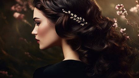 A glamorous vintage-inspired hairstyle with soft curls and a decorative hair accessory, evoking a sense of classic beauty and eleganceの素材