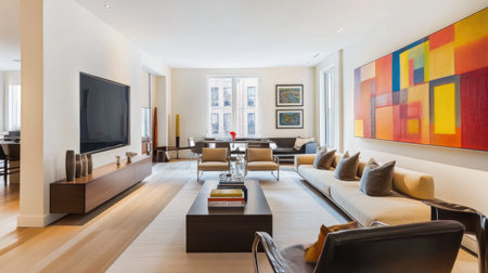 A modern living room featuring minimalist furniture, a sleek entertainment unit, and vibrant artwork on the walls, reflecting contemporary design and an open, airy feel.の素材