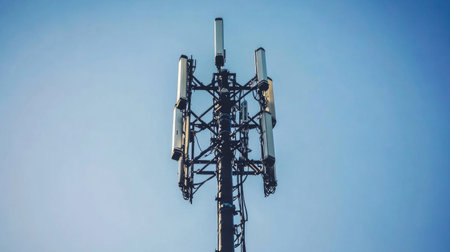 A perspective shot looking up at a cell phone tower, capturing the towering height and technical complexity, set against a bright blue skyの素材